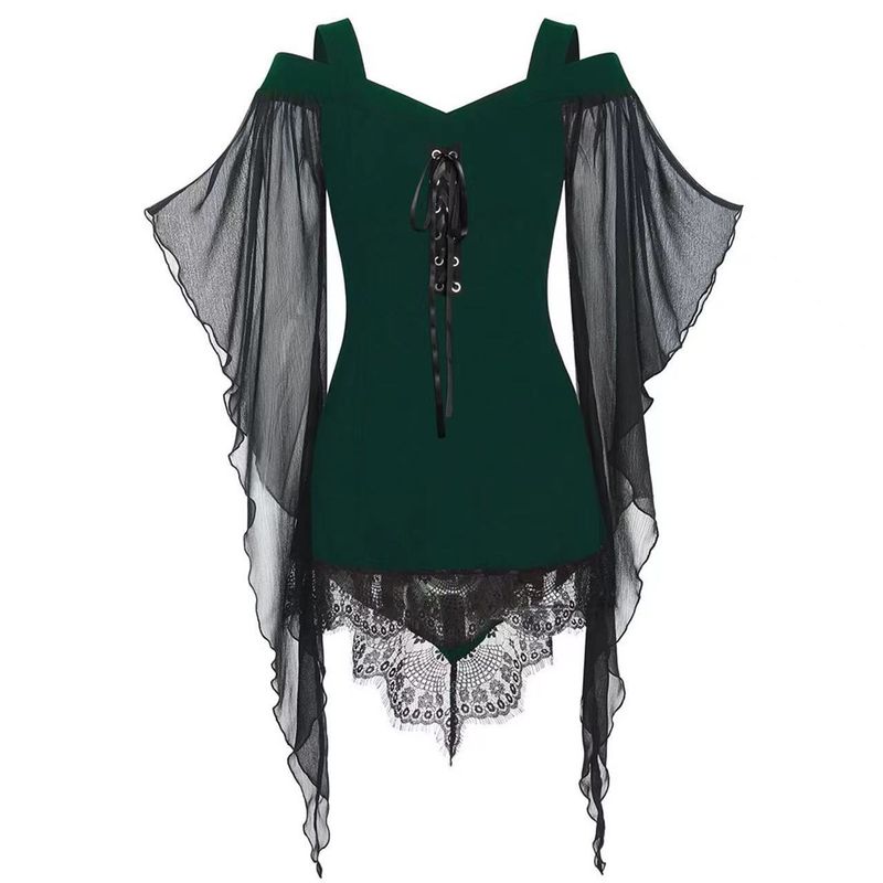 Autumn New Women Clothes Gothic Big Hemline Sleeve Irregular Patchwork Lace Witch Sling Lace Up Dress
