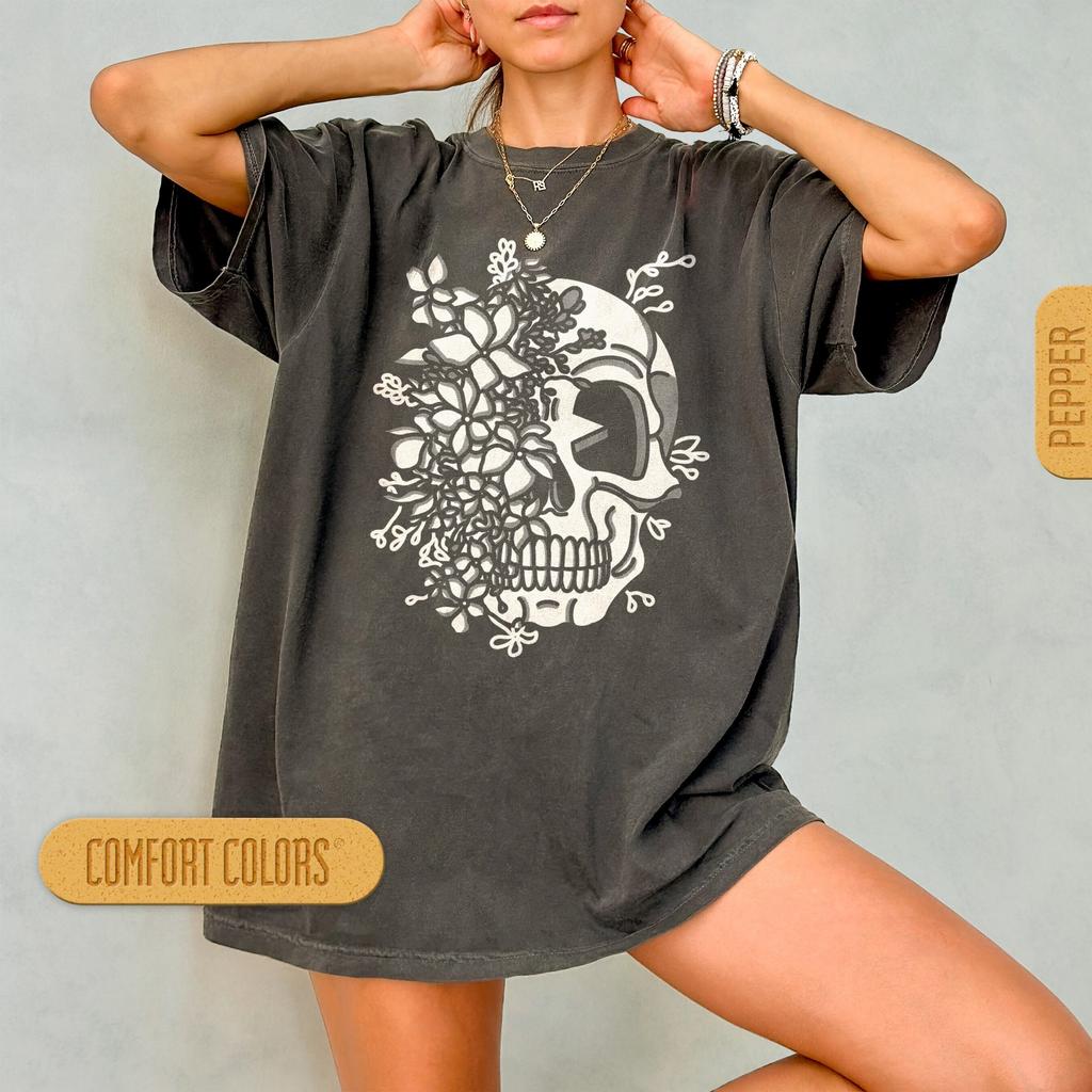 Boho Skull Shirt, Flower Skeleton Comfort Colors T-shirt, Floral Goth Graphic Tee, Retro Cartoon Vintage T Shirt, Oversized Witchy Botanical