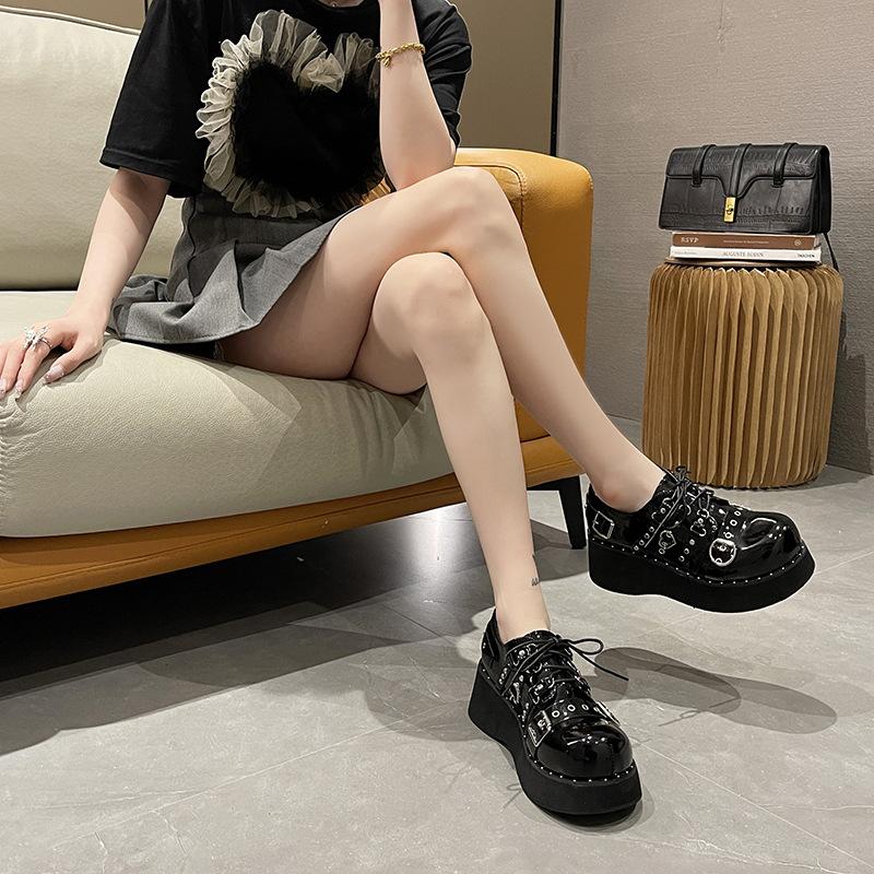 Fashion Punk Style Shoes Woman Platform Heel Metal Rivet Dark Bat Fashion Trendy Women Pumps Wedge Bottom Black School Student Shoes
