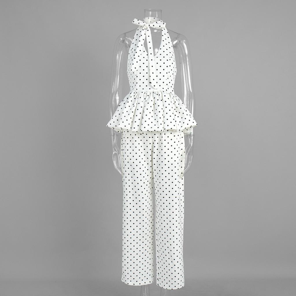 Spring Summer Women's Polka Dot Print 2 Piece Sets, Y2K Sexy Halter Neck Camisole + Wide Leg Long Pants Outfits, Casual Streetwear Matching Sets