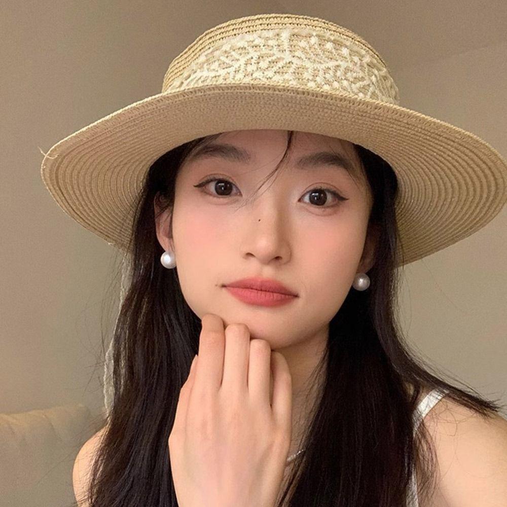 Spring Summer Bow Ribbon Straw Hat French Style Flat Top Sun Hat New Bow Lace Straw Hat  for Lady