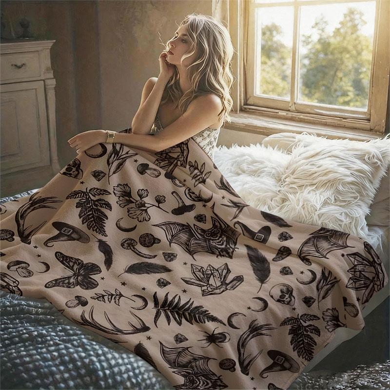 Witchy Sketches Beige Flannel Blanket Perfect for Sofa Office Bed Travel Sleep Read Relax Camping Four Season Use