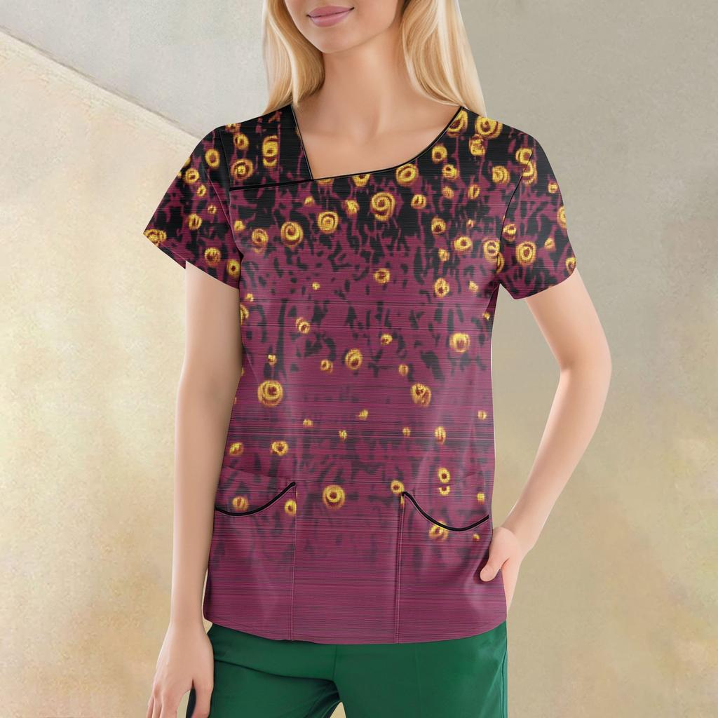 Women's Casual  Print Short Sleeve Sloping Collar Workwear Top With Double Pockets