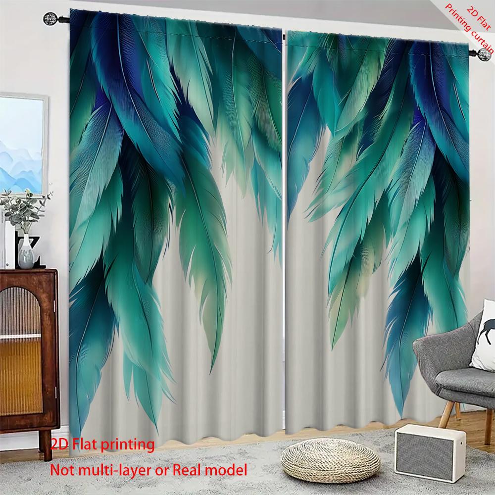 2PC Home Feather Leaf Digital Printed Pattern Curtains with Landscape Background and Pole Bag Curtains, Kitchen, Coffee Shop, Li