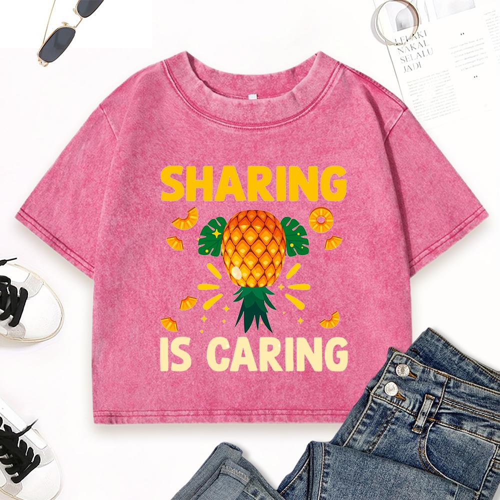 

Sharing Is Caring Pineapple Prints Women Crop Washed T-Shirts Street Short Sleeve Tee Shirt Slim Cotton Clothes M