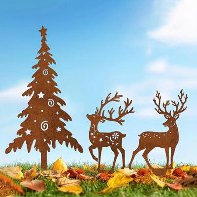 3pc Rustic Metal Christmas Tree and Elk Yard Decoration Stake - Durable Outdoor Holiday Decor For Garden, Patio Decor