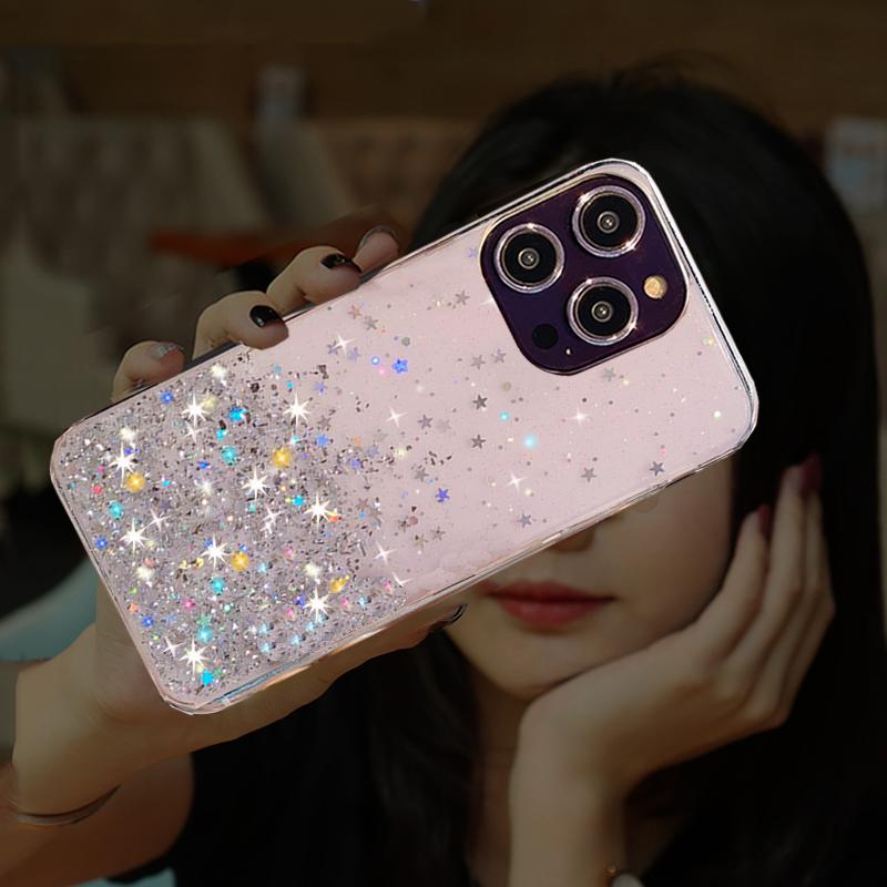 Husă de telefon cu sclipici de lux Bling Star pentru iPhone 15 14 13 12 11 Pro Max X XR XS Max 7 8 15 Plus Carcasa din silicon moale rezistentă la șocuri