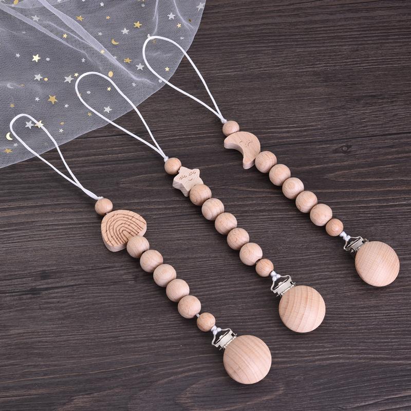 Baby Beech Wood Pacifier Clip Hand Ring Set Wooden Round Bead Soother Nipple Chain For Nursing Toy Infant Teether Teething Chain