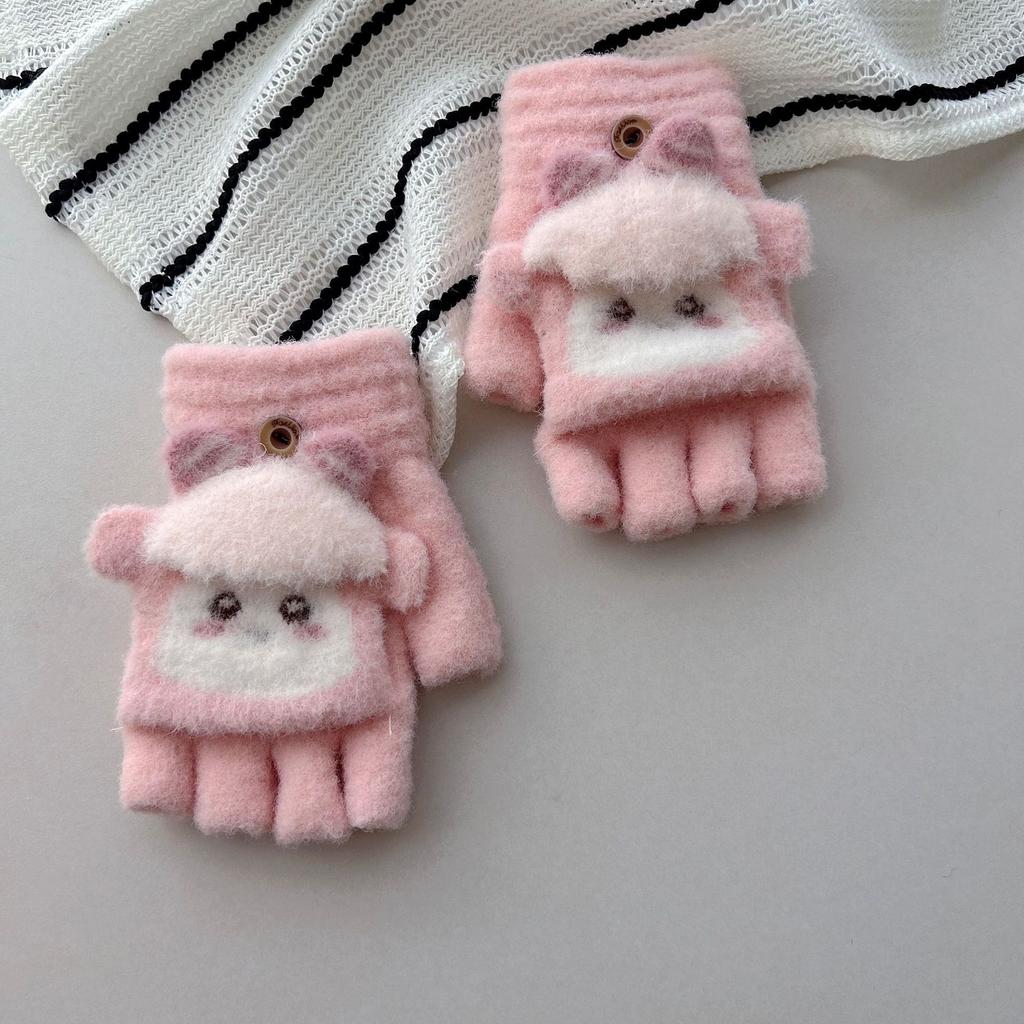 Dziecięce dzianinowe rękawiczki z klapką dla kobiet jesienno-zimowe z odkrytymi palcami, urocze, kręcone, pluszowe, ciepłe rękawiczki studenckie