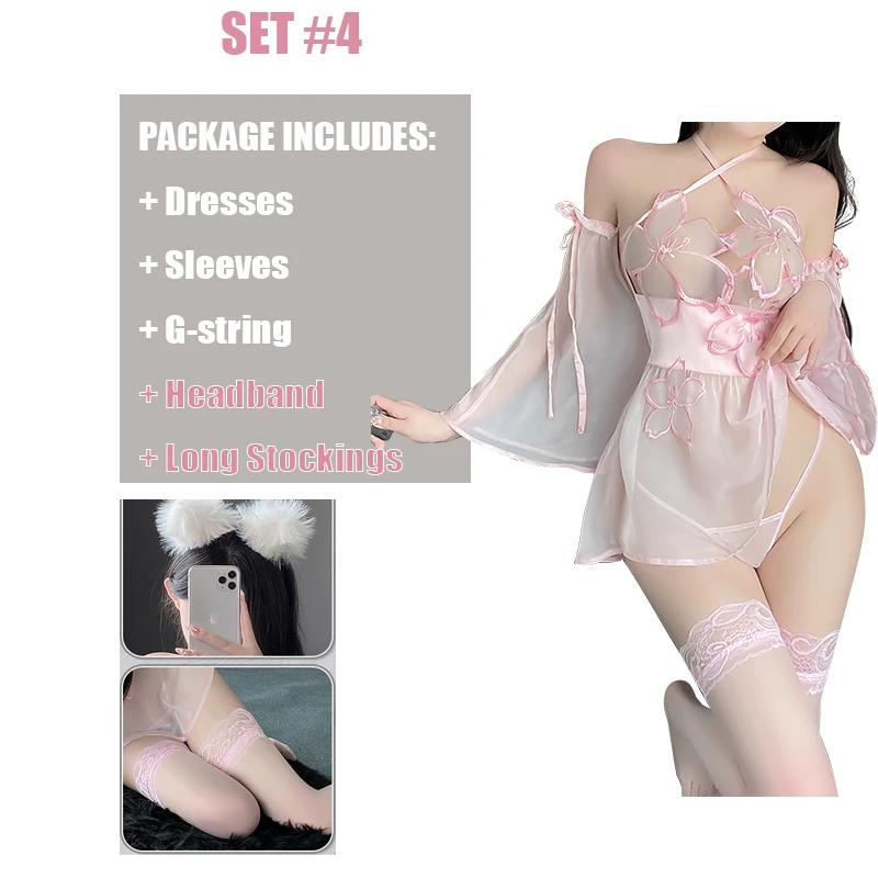 Chinese Ancient Style Cute Floral See Through Halter Dress Pink Kimono Backless Sexy Lingrie Women Outfit Costume