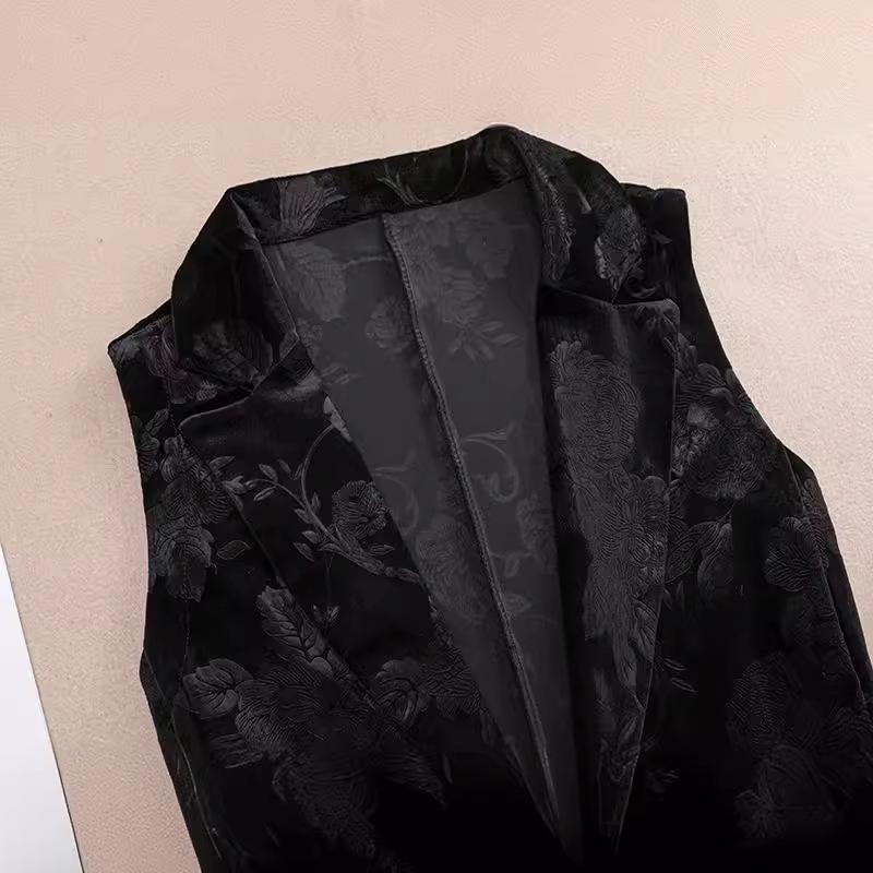 Women's Retro Gold Velvet Frog Button Vest - Black Sleeveless Waistcoat, Spring 2024