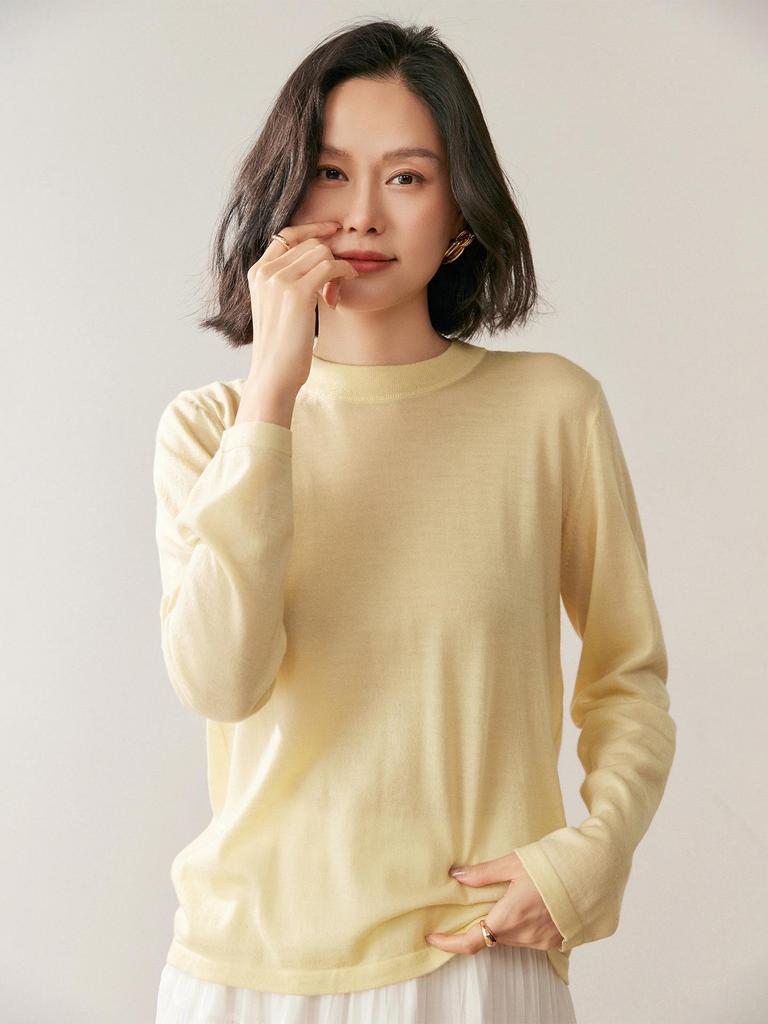 Women's Round Neck Wool Knit Pullover - Long Sleeve Base Layer Sweater