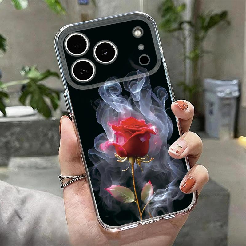 Scarlet Red Rose Flower Pattern Case For iPhone 17 Pro Max Coque iPhone 16 15 14 13 Pro Max 11 Clear TPU Silicone Soft Cover
