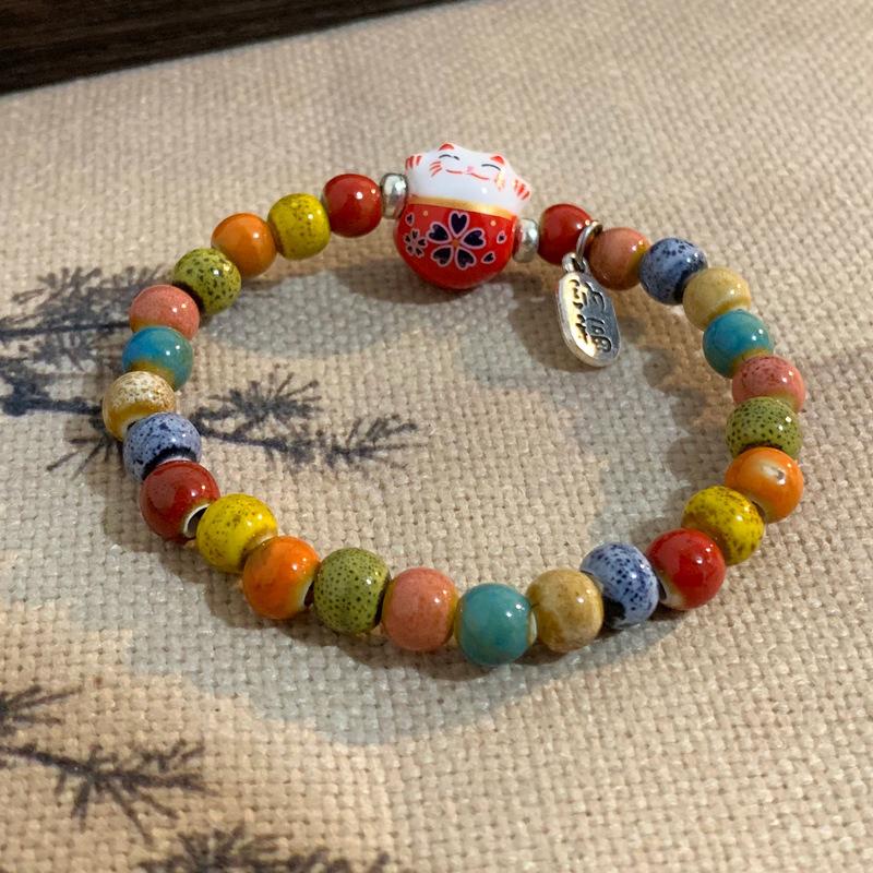 Bracelet Chat Porte-Bonheur Dessin Animé Mignon Pour Femmes Filles Bracelets Élastiques Colorés à Perles Breloques Chat en Céramique Bijoux Cadeaux