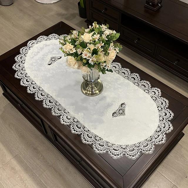 Tovaglia Per Tavolino Da Tè Tappetino Copritavola Da Pranzo Ovale Bianco Europa Ricamato Fiore In Poliestere Soggiorno Pizzo Uso Domestico Decorazione
