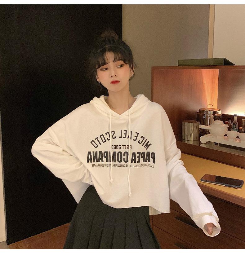 Women s Hooded Long Sleeve Oversized Letter Print Cropped Sweatshirt Casual Loose Fit Pullover Top M белый