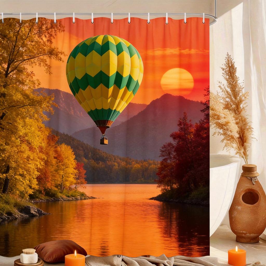 Hot Air Balloon Shower Curtain Mountain Lake Landscape Print Polyester Bath Curtain With Hooks For Nature Adventure Decor