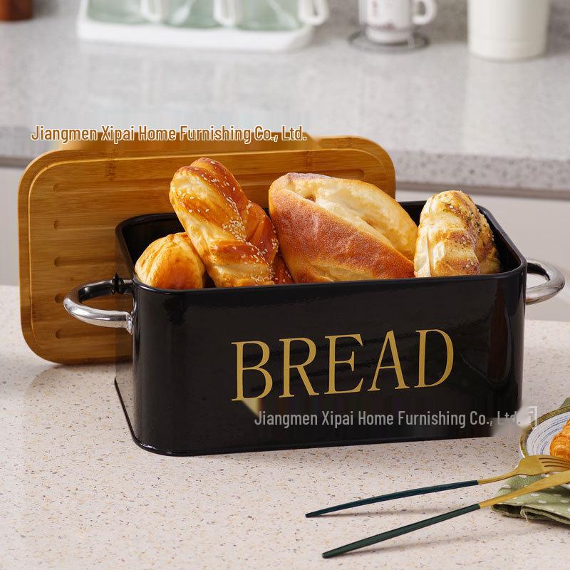 Bamboo Lid Metal Bread Box: Square Iron Storage for Kitchen чёрный