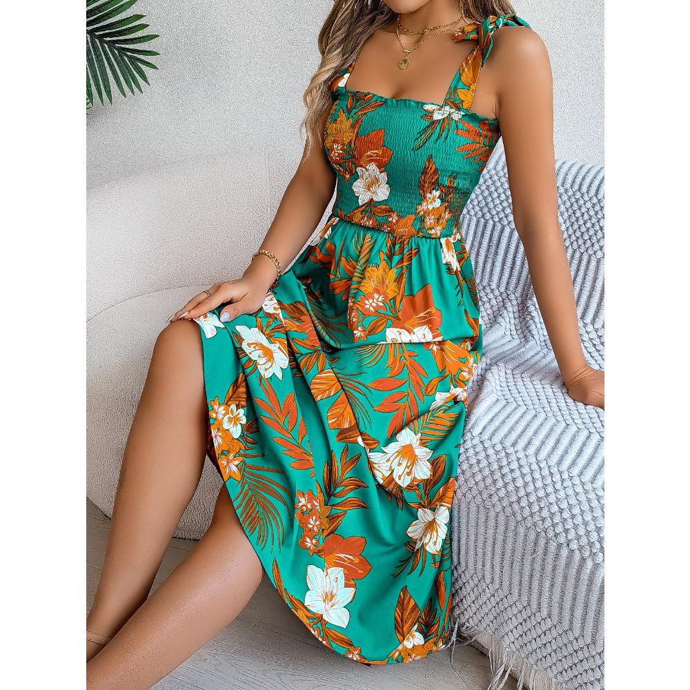 Frühlings- und Sommer-Blumen-Bindegürtel-Trägerrock Urlaub Strand Langer Rock Mode Damen Langer Rock