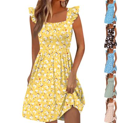 Women's Summer Casual Square Neck Dress With Pockets Cute Sleeveless High Waisted A-Line Vest Midi Dress
