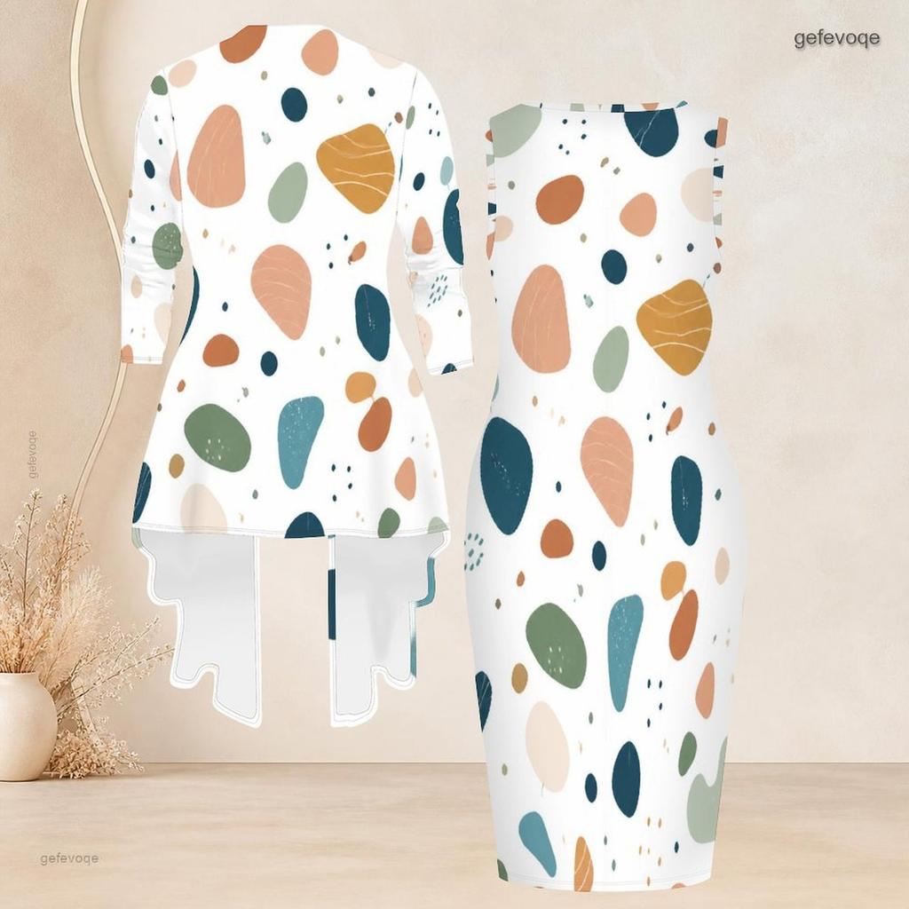 Women Plus Size Two Piece Set Printed Sleeveless Bodycon Dress And Three Quarter Sleeve Draped Cardigan