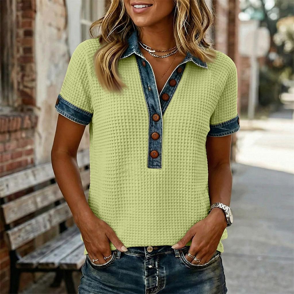 Modisches Lässiges Damen-Denim-Patchwork-Kurzarmtop