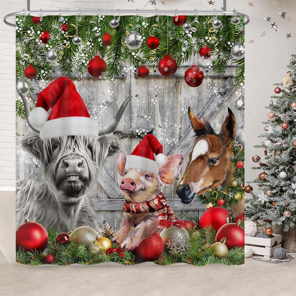 Funny Christmas Shower Curtain, Rustic Farmhouse Winter Christmas Ball Snowflake Shower Curtain Holiday Decorative, Farm Animals