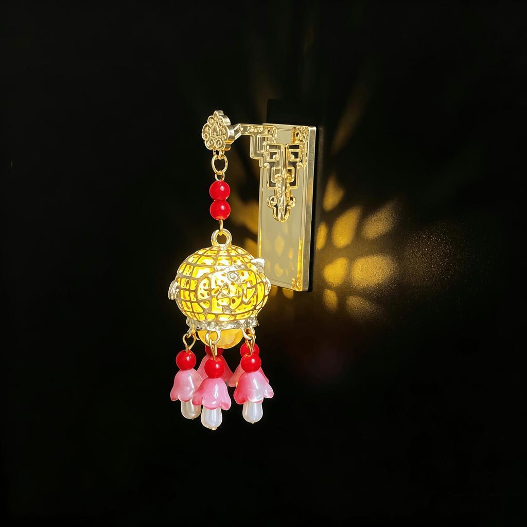 Ancient Style Luminous Lantern Refrigerator Magnet with Pavilion Tassel and Pearl Ornament