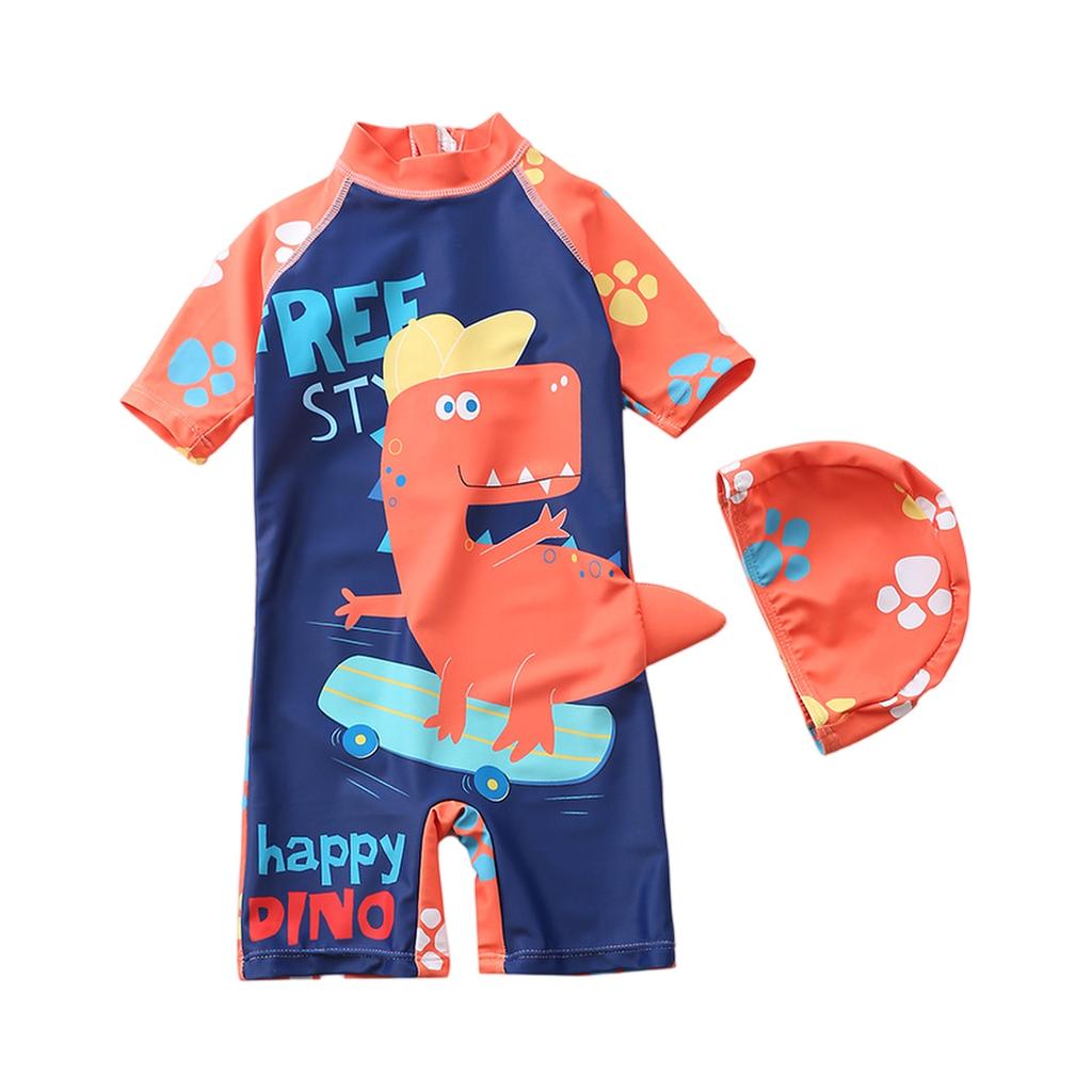Boys Short Sleeve Hooded One-Piece Swimsuit Cartoon Dinosaur Print Beach Swimwear Summer Kids Swim Shirt with Matching Swim Cap