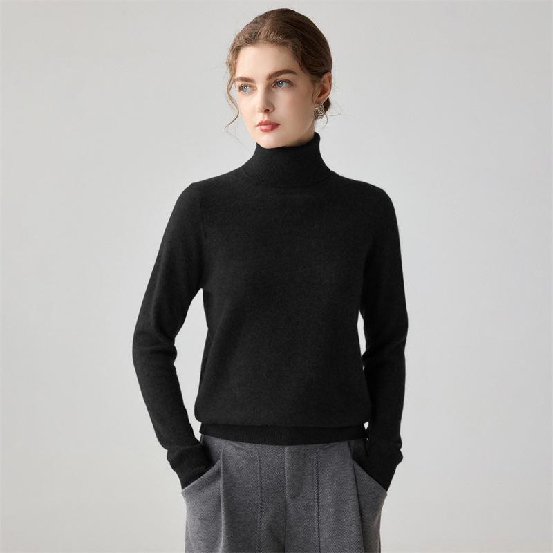 Women's High Neck Cashmere Sweater - Long Sleeve Wool Knit Solid Color Top for Autumn/Winter