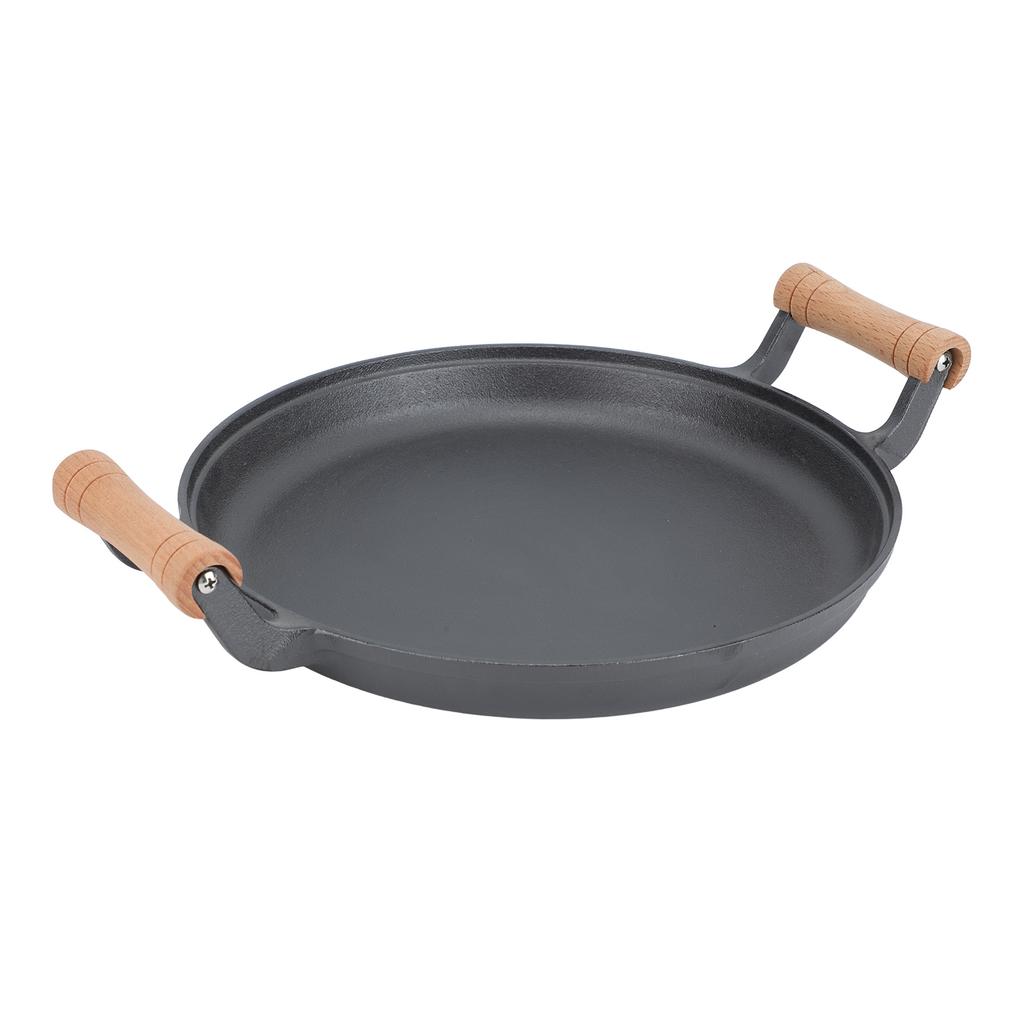 BBQ Grill Pan with Dual Wooden Handles Round Cast Iron Steak Frying Meat Roasting Skillets for