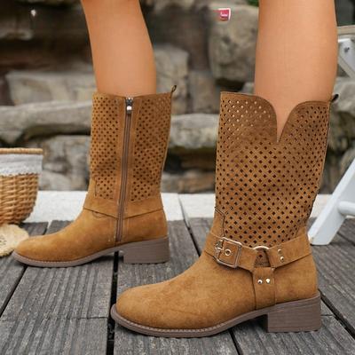 Fashion Women Mid-Calf Boots Retro Ethnic Style Summer Cool Boots Breathable Hollow Out Mesh Boot Classic Western Cowboy Boots for Women