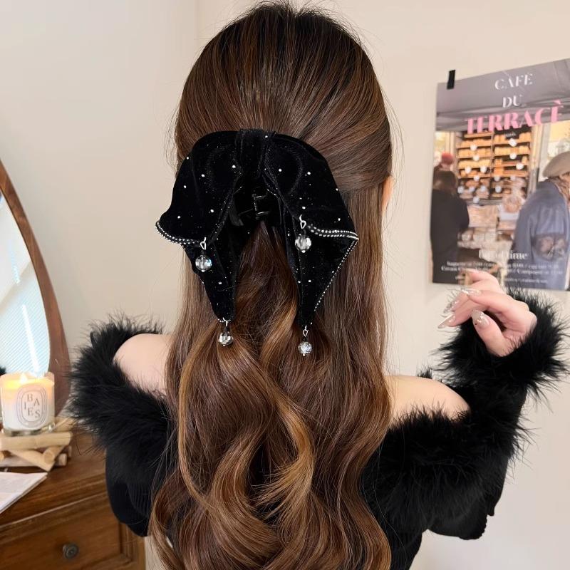 Women'S French Elegant Hair Clip Velvet Rhinestone Bow Ponytail Hair Claw Exquisite Shark Clip Fashion Hair Accessories
