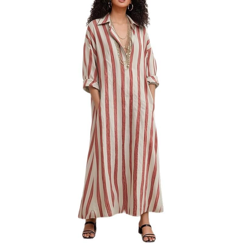 2026 spring new cross-border European and American women's clothing, fashionable and casual commuting loose V-neck striped dress