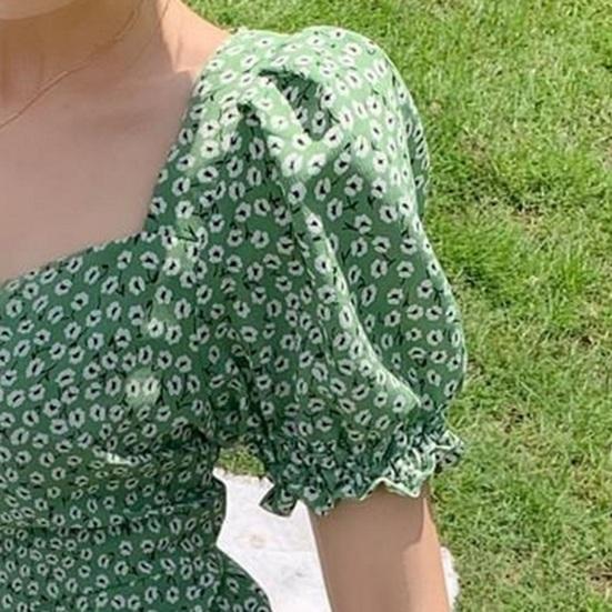 Women Summer Dress Bubble Sleeves High Split Loose Hem Square Neck Flower Print Dating Shirring Tight Waist Women Midi Dress Female Clothes