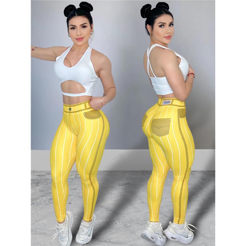 

Imitation Denim Line Printed Yoga Pants, High Waist Sexy And Fashionable Sports And Fitness Pants For Women XXXL жовтий