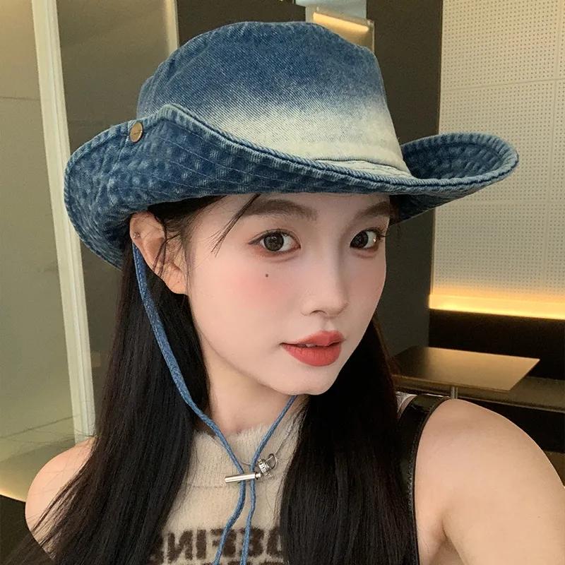 Cowboy Gradient Wtempo Tiedye Distressed Hats Womenspring Summer Denim Bucket Hats Casual Thick Patchwork Climbing Cap