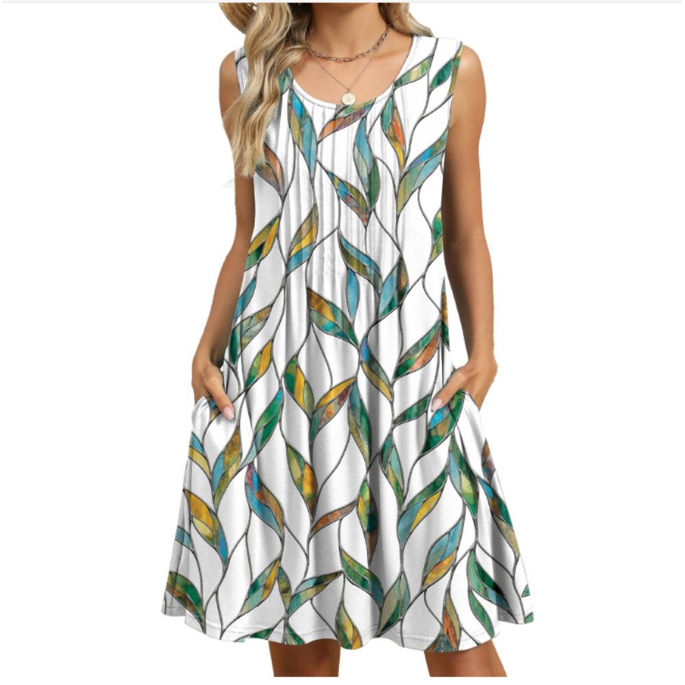 Damen Sommer Neues bedrucktes Tanktop Lockeres Kleid mit Tasche