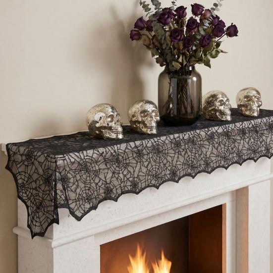 Black Lace Tablecloth Halloween Table Runner, Spider Web Runners, 17.7 x Retro Cocktail Party Decor 70.9Inch for Home Dinner Kitchen Mantel