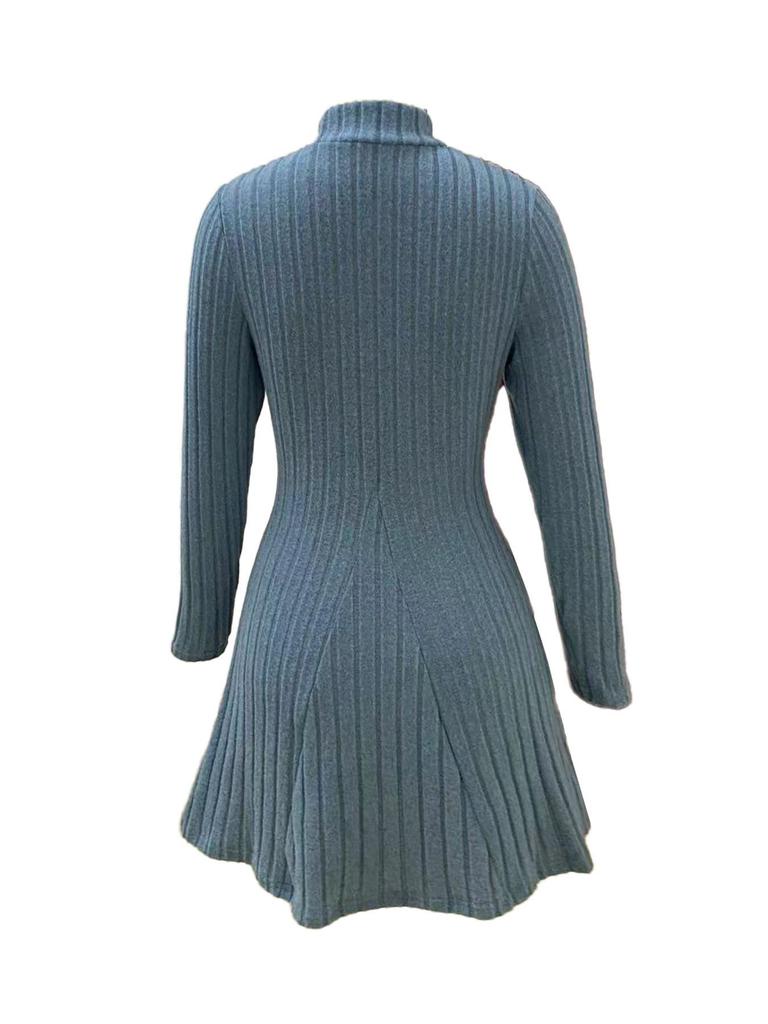 2025 Autumn/Winter European & American Women's Slimming Ribbed Dress: A-line, Half-high Collar, Long-sleeved