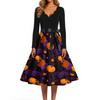 Abito casual da donna a maniche lunghe con scollo a V, stile vintage, con stampa di zucche di Halloween, stile retrò, gonna ampia, con cintura in vita per l'uso stagionale