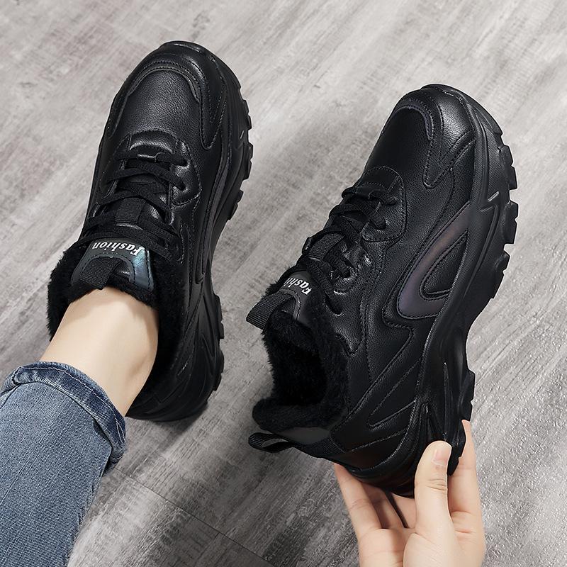 Autumn and Winter Brand Women's Shoes Black Leather Waterproof Casual Sports Shoes Versatile Soft-soled Dad Shoes Non-slip Travel Shoes