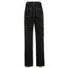 Pantaloni Cargo Streetwear Urbani, Pantaloni a Gamba Dritta Larghi a Vita Alta con Tasche Multiple, Jeans Neri Casual da Donna