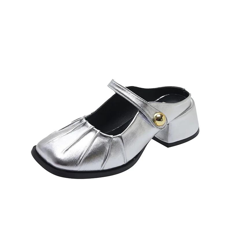 

2024 Весна Новый Бренд Женские Тапочки Модные Плиссированные Круглые Носки Слипоны Мюли Туфли Круглые Носки Уличное Платье Сандалии Туфли Tacones 35 серебряный