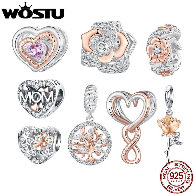 WOSTU Mother Day 925 Sterling Silver Rose Flower Charm Tree of Life Pendant Heart Beads Fit Bracelet Necklace DIY Gift for Mom