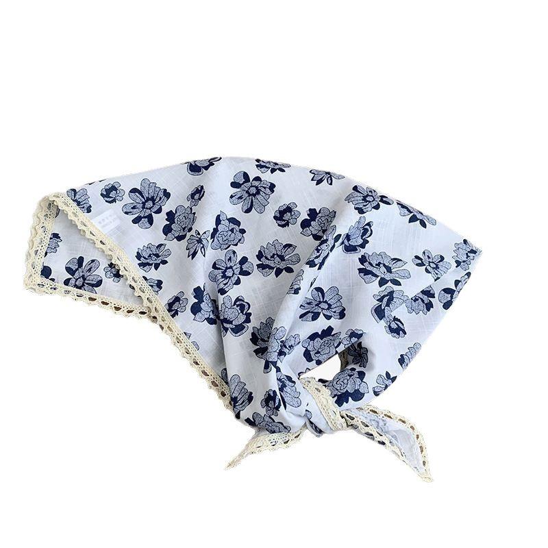 Headscarf Summer women's pastoral floral cotton and linen small square scarf small fresh high-grade lace headband silk scarf scarf