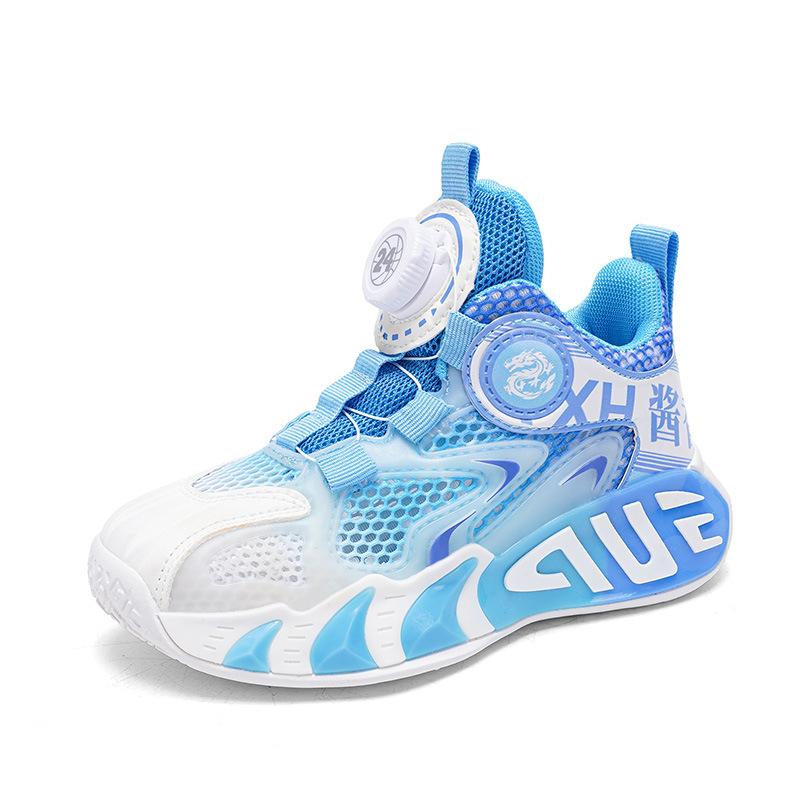 Children's Basketball Shoes Summer Single Mesh Breathable Shoes Adolescent Boys and Girls Sports Shoes Rotating Buckle Student Running Shoes