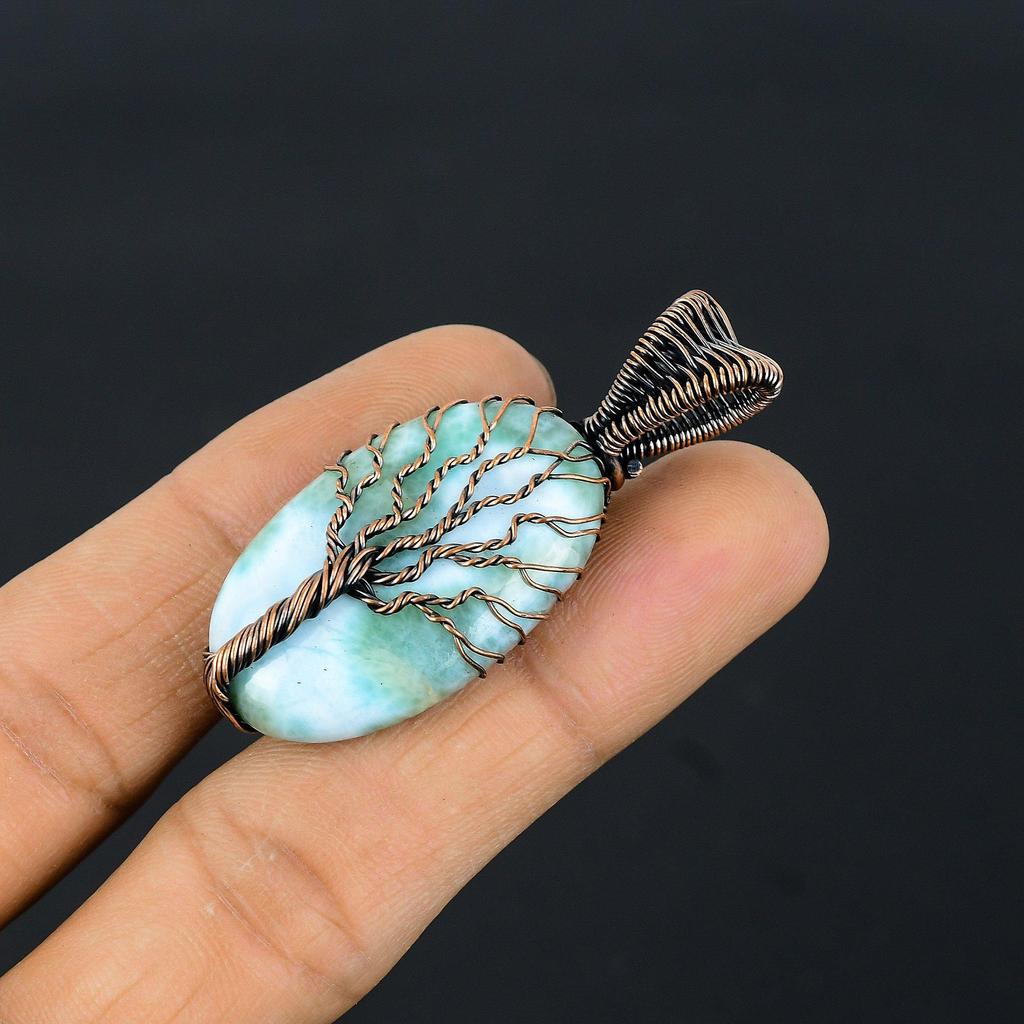 Baum des Lebens Larimar Edelstein Kupferdraht gewickelt handgefertigter Anhänger Schmuck Geschenk für die Liebe