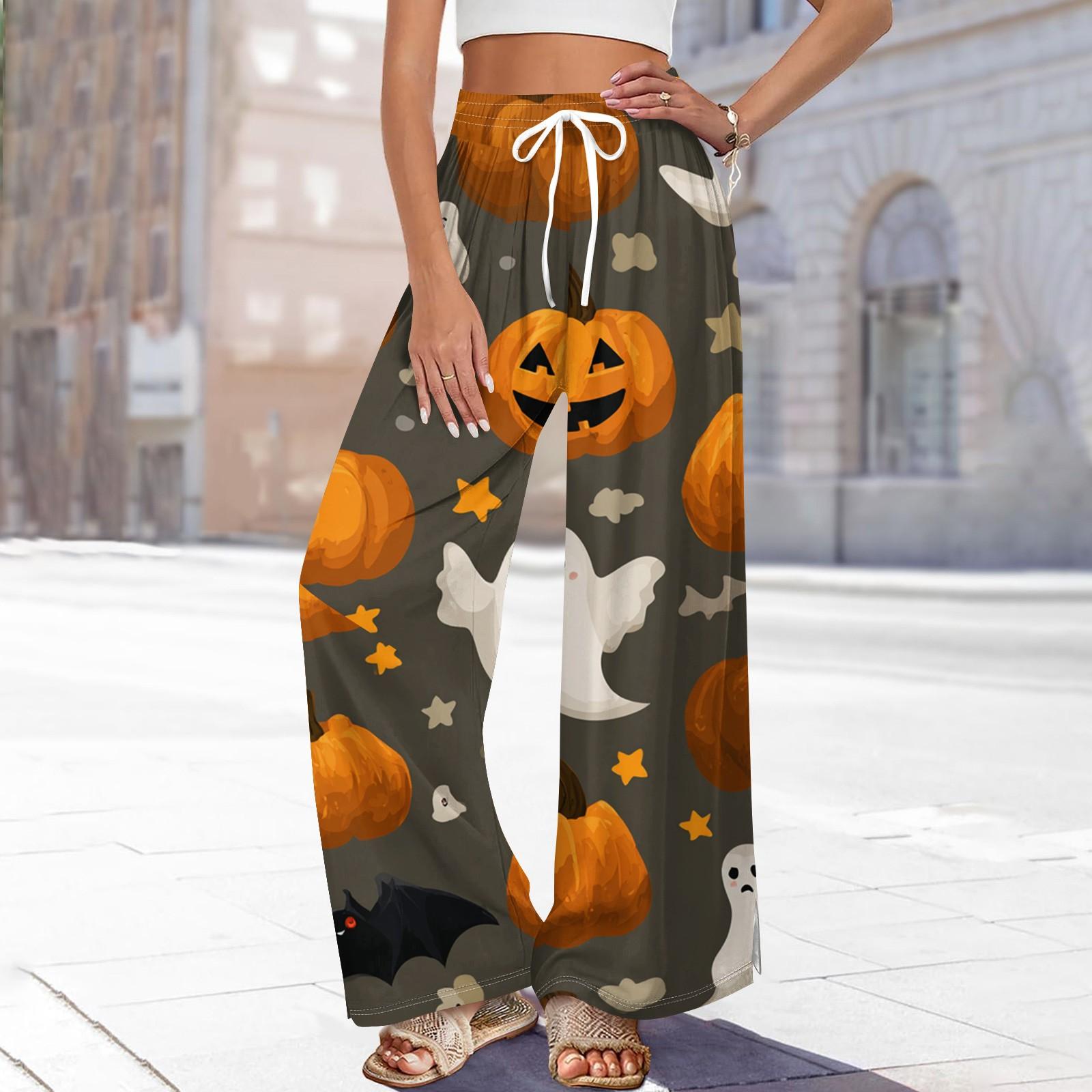 

Женские повседневные модные брюки прямого кроя с широкими штанинами, эластичной талией на кулиске, карманами и принтом на Хэллоуин XXL