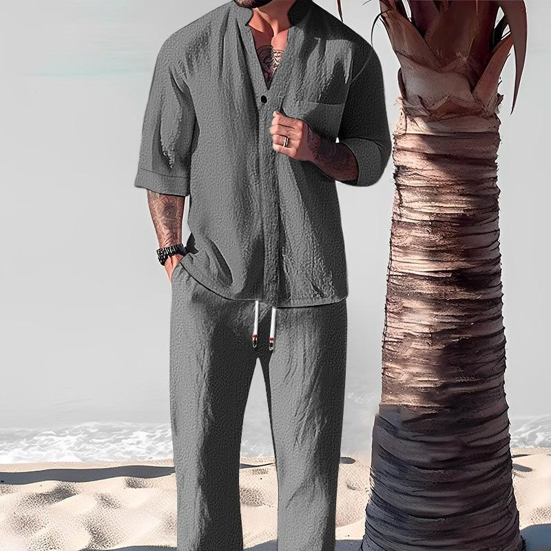 Summer Casual Cotton Linen Two Piece Men Set Fashion Loose V Neck Half Sleeve Tops and Trouser Suits Mens